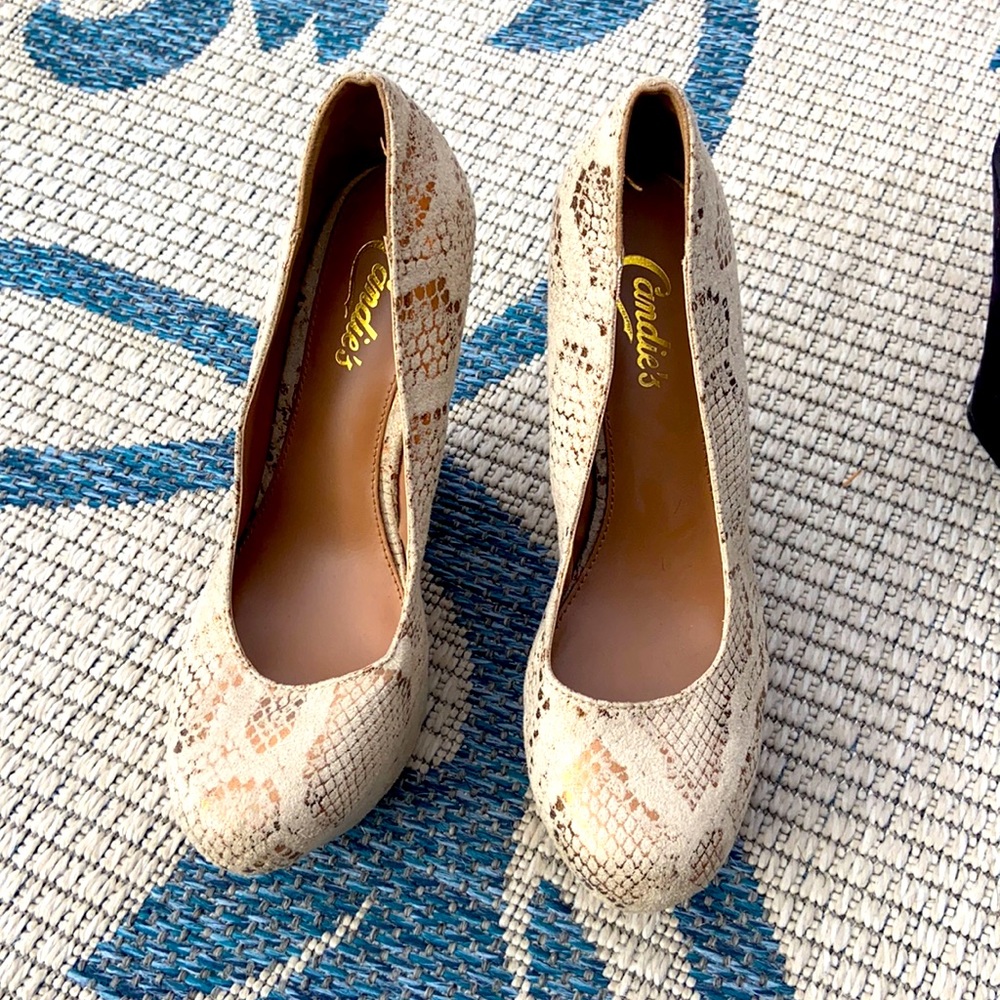 Candies Snakeskin wedge heels!